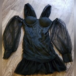Sexy Mini Black Dress Beaded Mesh Corset Style Medium Sheer Puff Sleeve